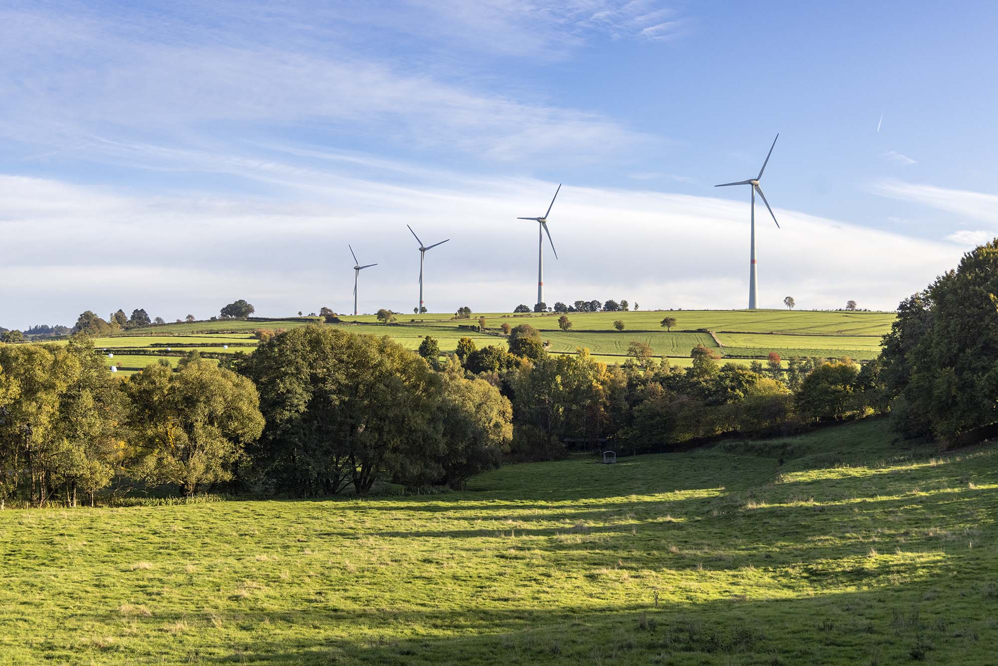 Amel met weilanden en windturbines op de hoogtes van het Ardense plateau