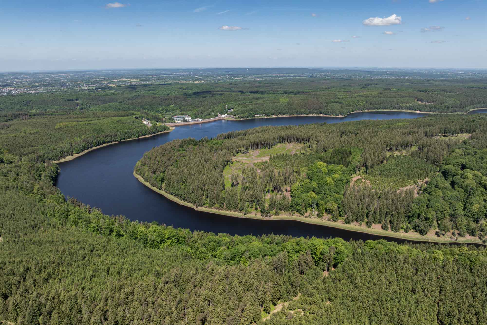 Luchtbeeld van het stuwmeer van Eupen dat door een uitgestrekt groen bos slingert.