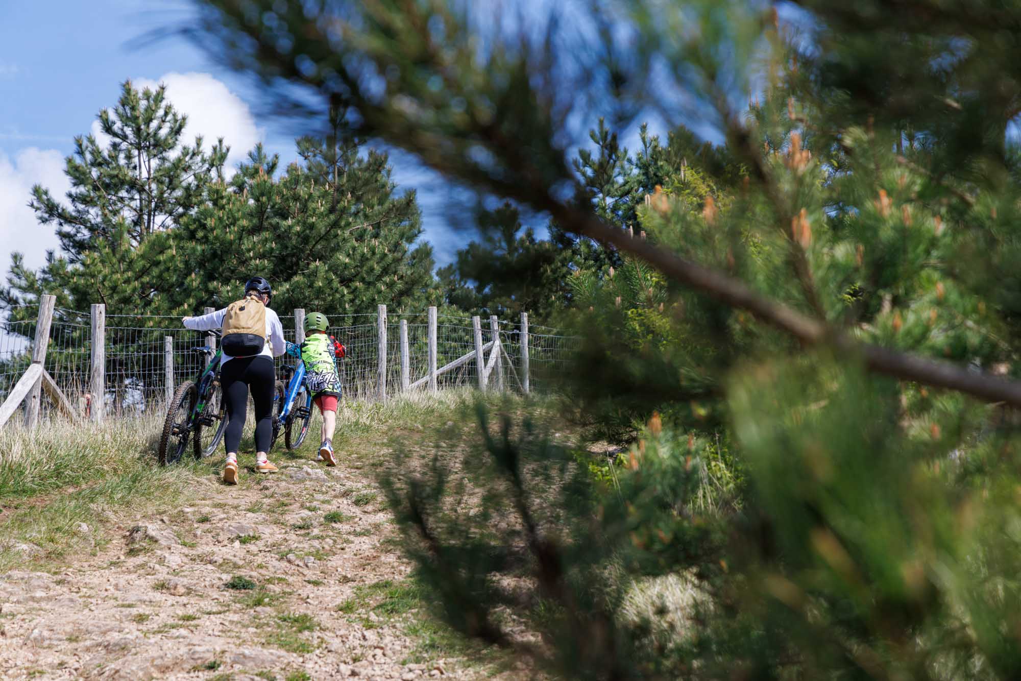 Cyclistes poussant leur vélo dans les Monts des Pins à Barvaux-sur-Ourthe