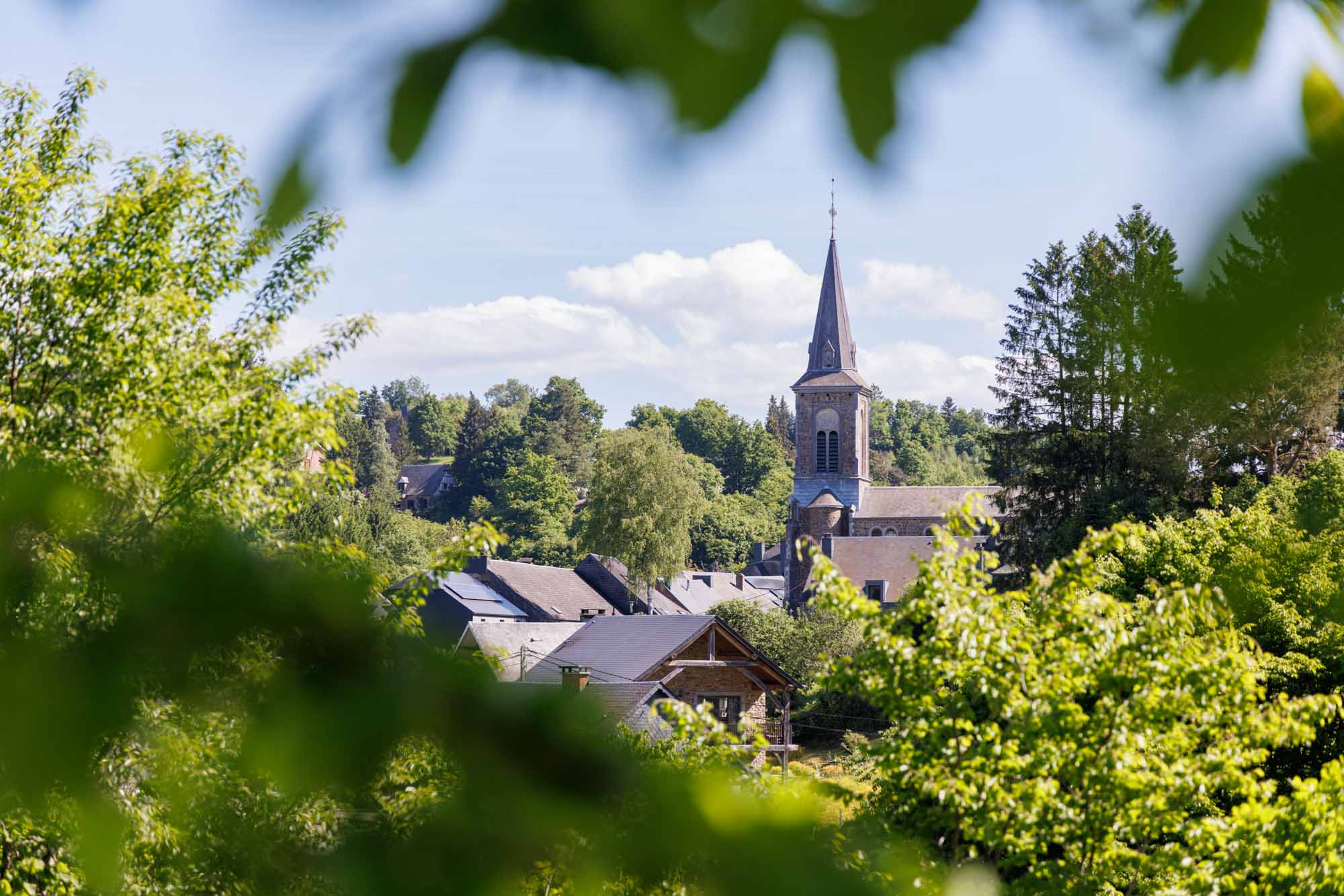 Zicht op de kerktoren van Vencimont door het groen in de zomer