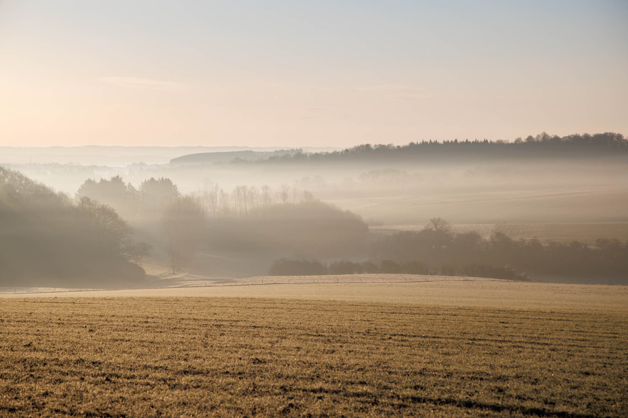 Paysage de Pair au lever du jour avec brume sur les champs et collines du Condroz