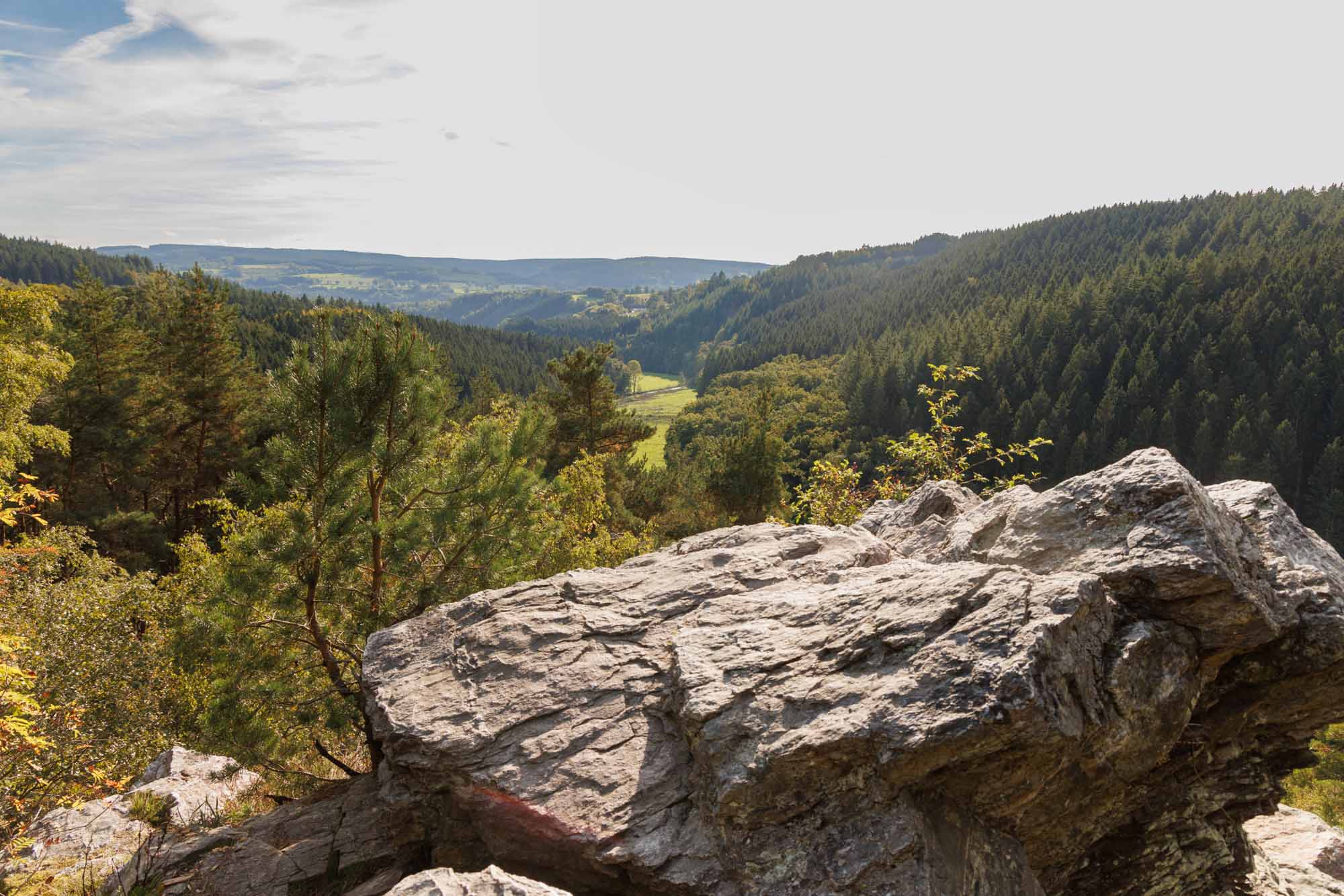 Rocher de Falize avec vue sur vallée et pentes boisées de l’Ardenne